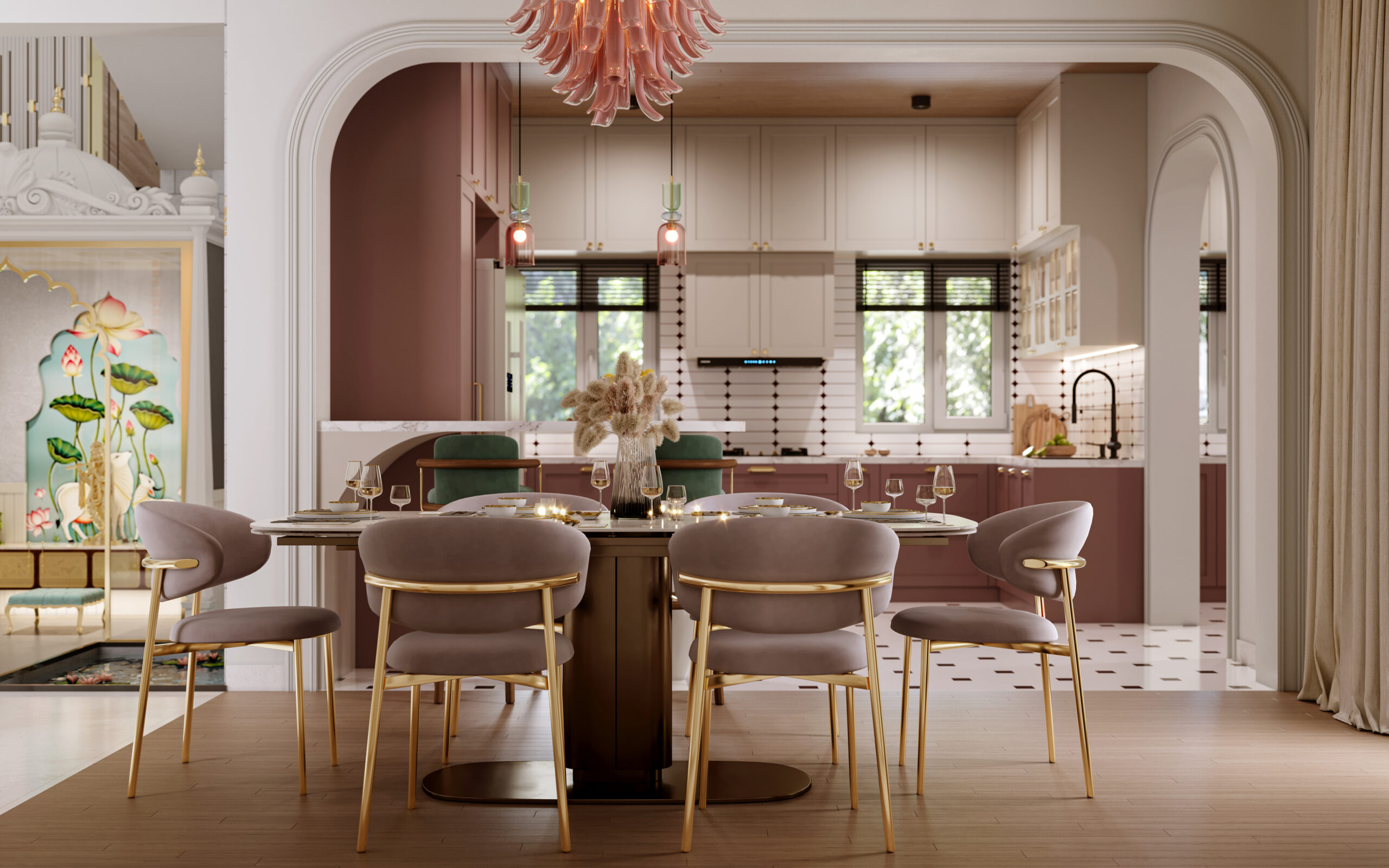 Luxury dining space with modern pendant lights, soft ambient lighting, pastel interiors, and gold-accented furniture in a premium home setting.