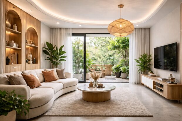 Contemporary apartment interior design in Bangalore with curved elements and indoor plants