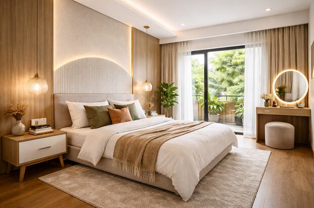 Modern bedroom interior in Bangalore with warm wood finishes and soft lighting