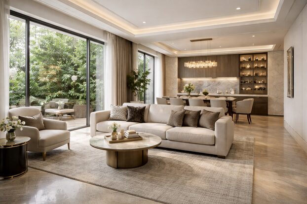 Elegant modern living and dining space in Bangalore
