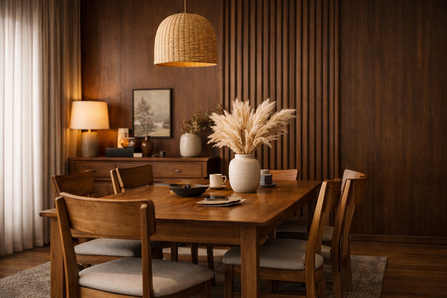 Teak toned dining room